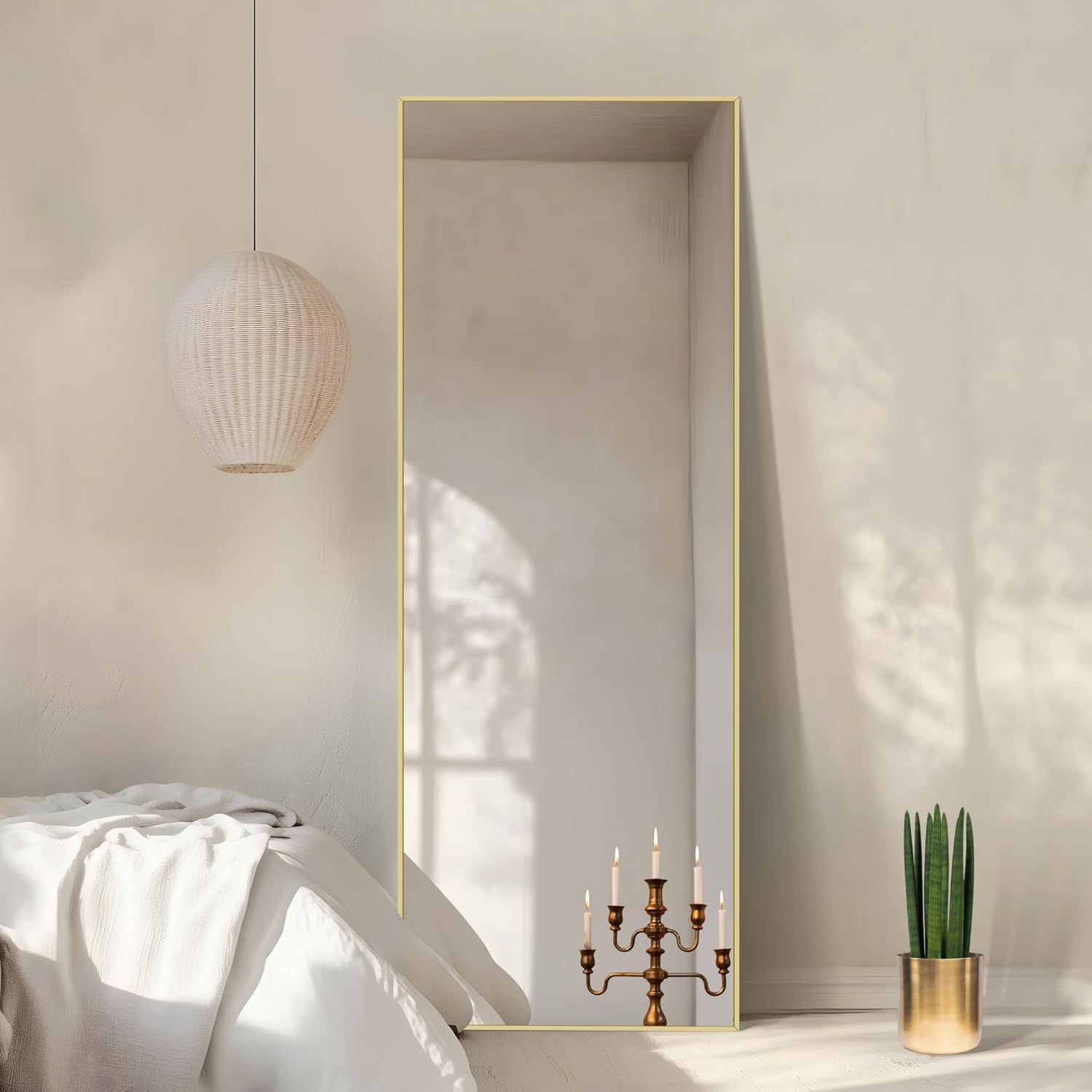 Specchio da Terra, 161 x 52 cm Specchio Rettangolare con Cornice in Alluminio Oro per Bagno, Camera da Letto, Ingresso e Corridoio