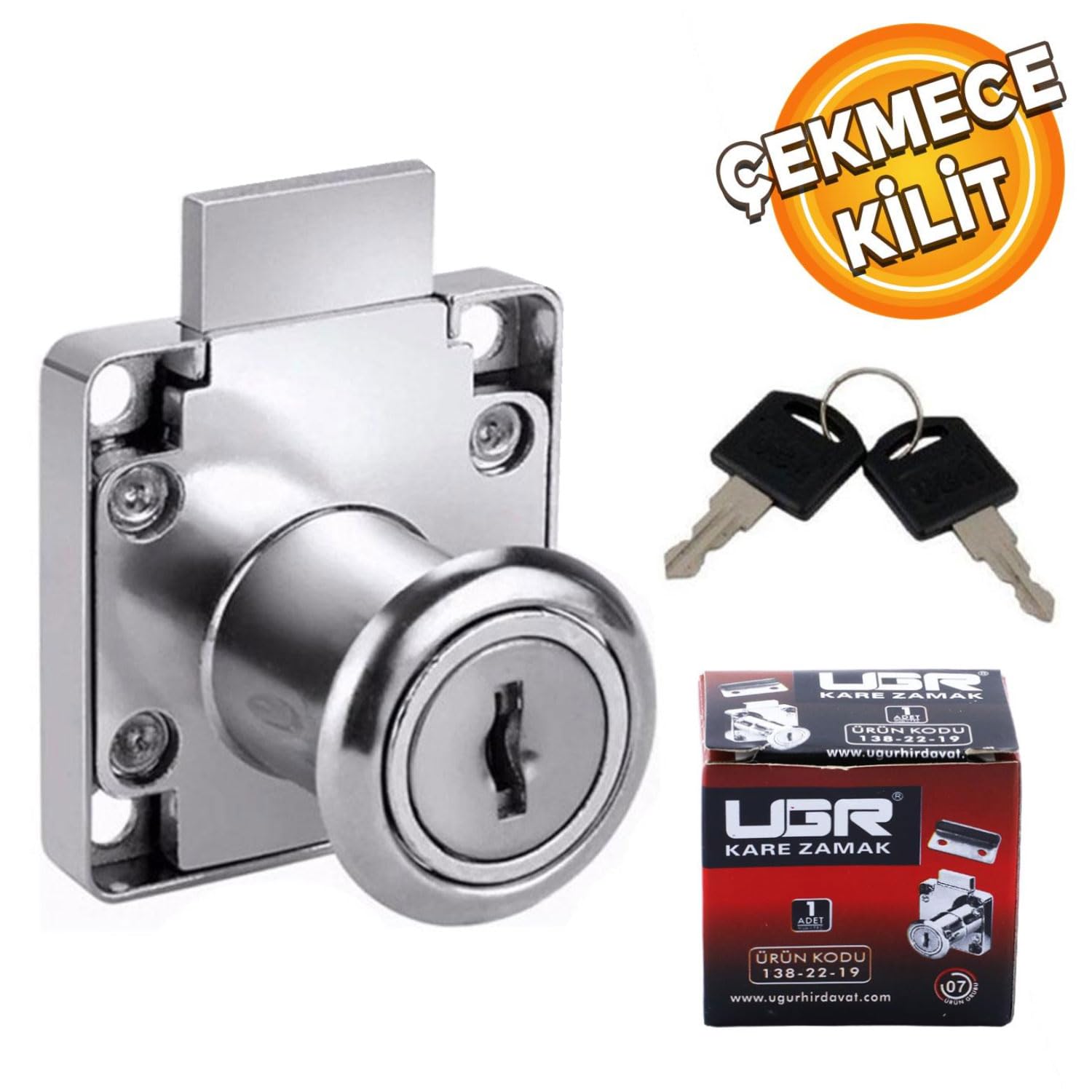 Badem10 Ugr Kare Mobilya Çekmece Dolap Kilidi Nikel Krom 2 Anahtarlı Kilit 4x4 cm 22 mm