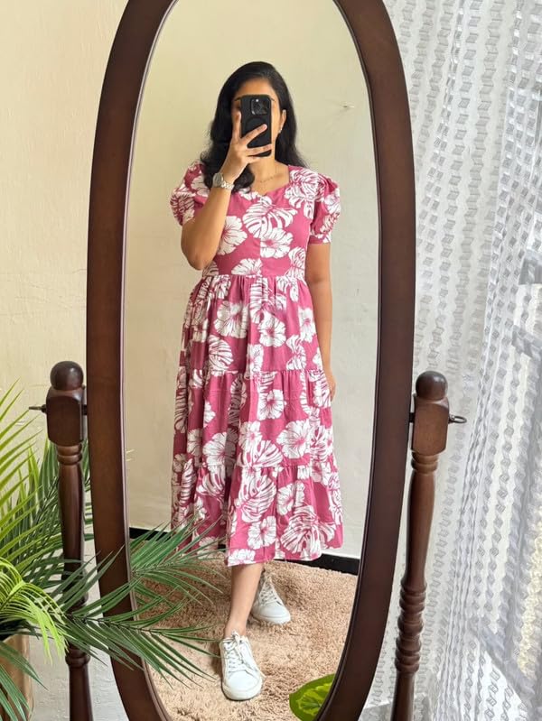 Image of Floral Midi Dress for Women - Summer Boho Dress, Lightweight & Breathable, Elegant Floral Print, Casual & Vacation Outfit, Comfortable Flowy Dress for Women