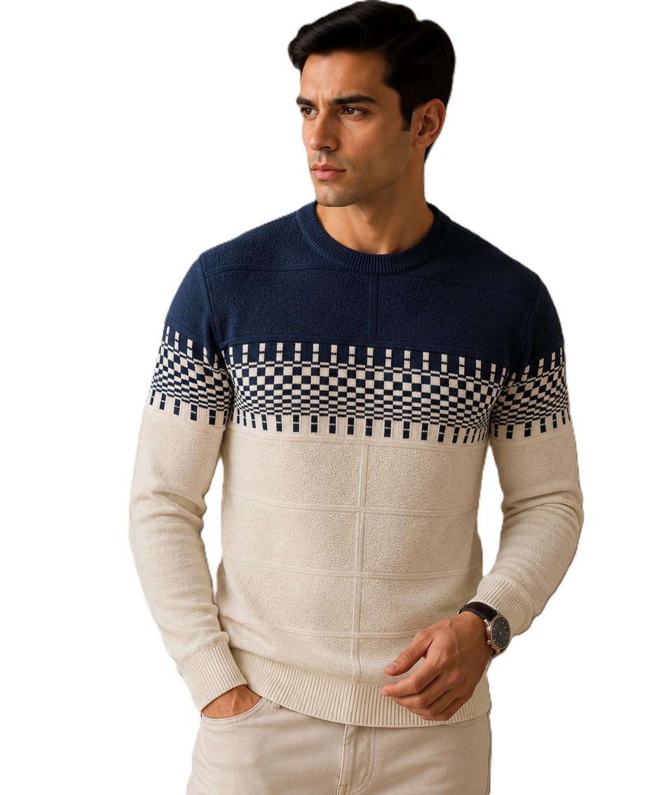 feverfew Men's Round Neck Full Sleeve Cotton Textured Sweater | Stylish Regular Fit | Comfortable & Breathable Casual Winter Wear-picture-26