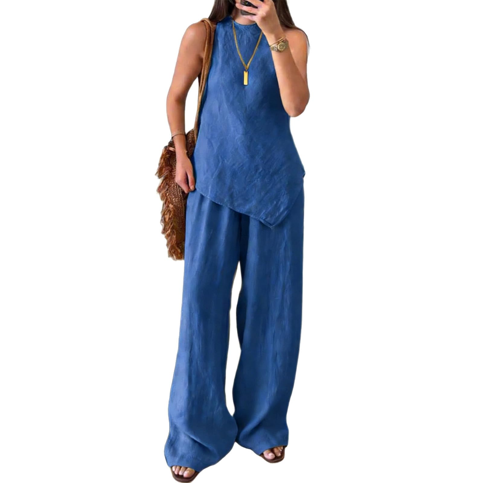 Ensemble Femme Chic Et Elegant Soiree Pantalon Haut Fluide Printemps Décontracté Combinaison Tailleur Survetement Loungewear décontractée sans manches à col rond poches pull confortable léger