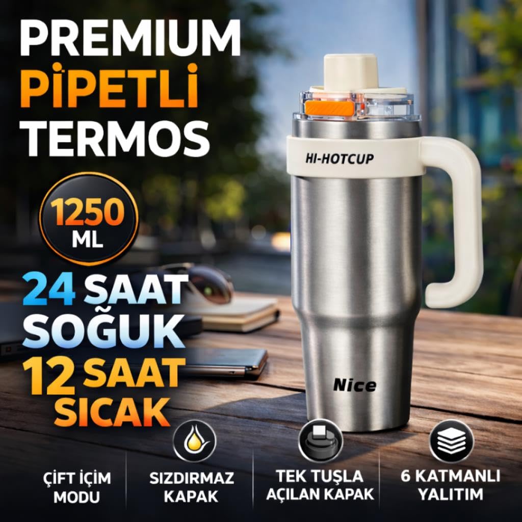Coofbe 42 Oz 6 Katman Paslanmaz Çelik Termos 1250ML Çift İçim Modlu Pipetli Termos Çift Katman Çelik Termos Mug Gümüş