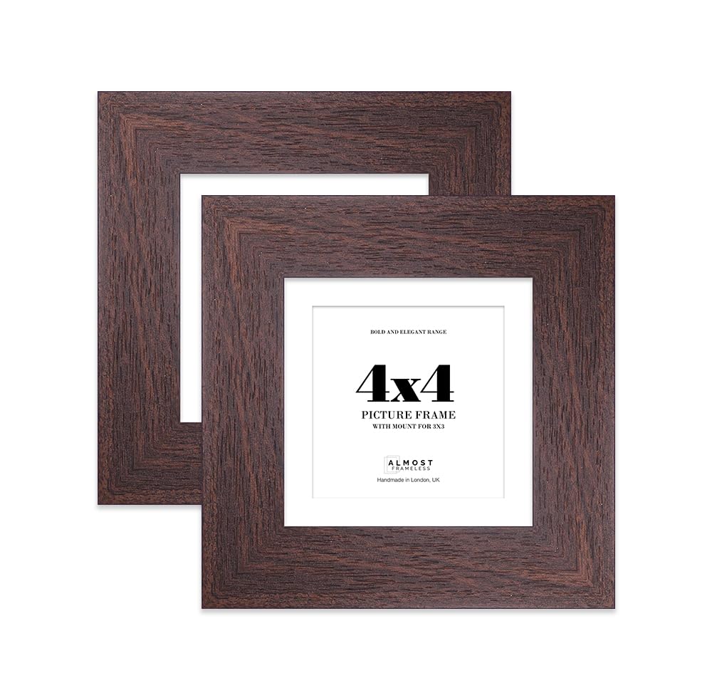 4x4 Walnut Square Frame With Mount for 3x3 Pictures 28mm Edge Frame Display with Wall Hooks and Kickstand, 2 Pack