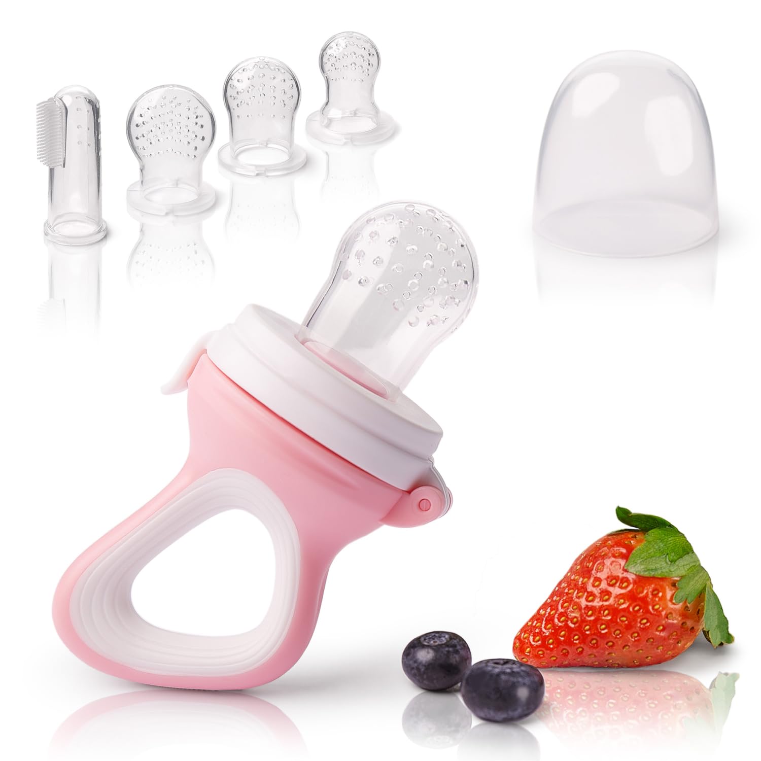 iFancy Fruchtsauger Baby & Kleinkind + 3 Silikon-Sauger in 3 Größen + 1 Baby-Zahnbürste | Zahnungshilfe Baby | Schnuller Beißring Obstsauger Gemüse Brei Beikost | Rosa/Weiss