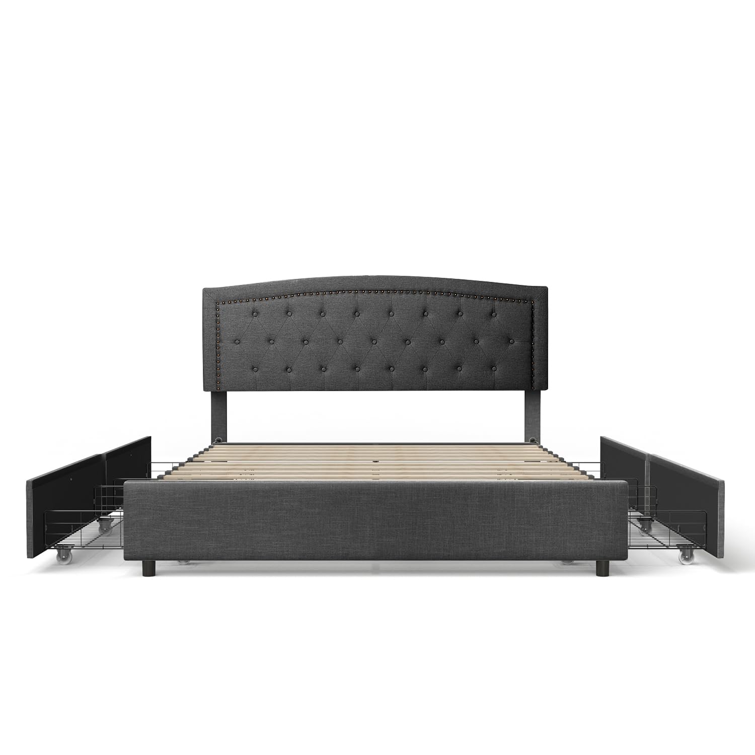 BONSOIR Queen Size Dark Grey Storage Bed Frame Upholstered Low Profile Traditional Platform with Tufted and Nail Headboard