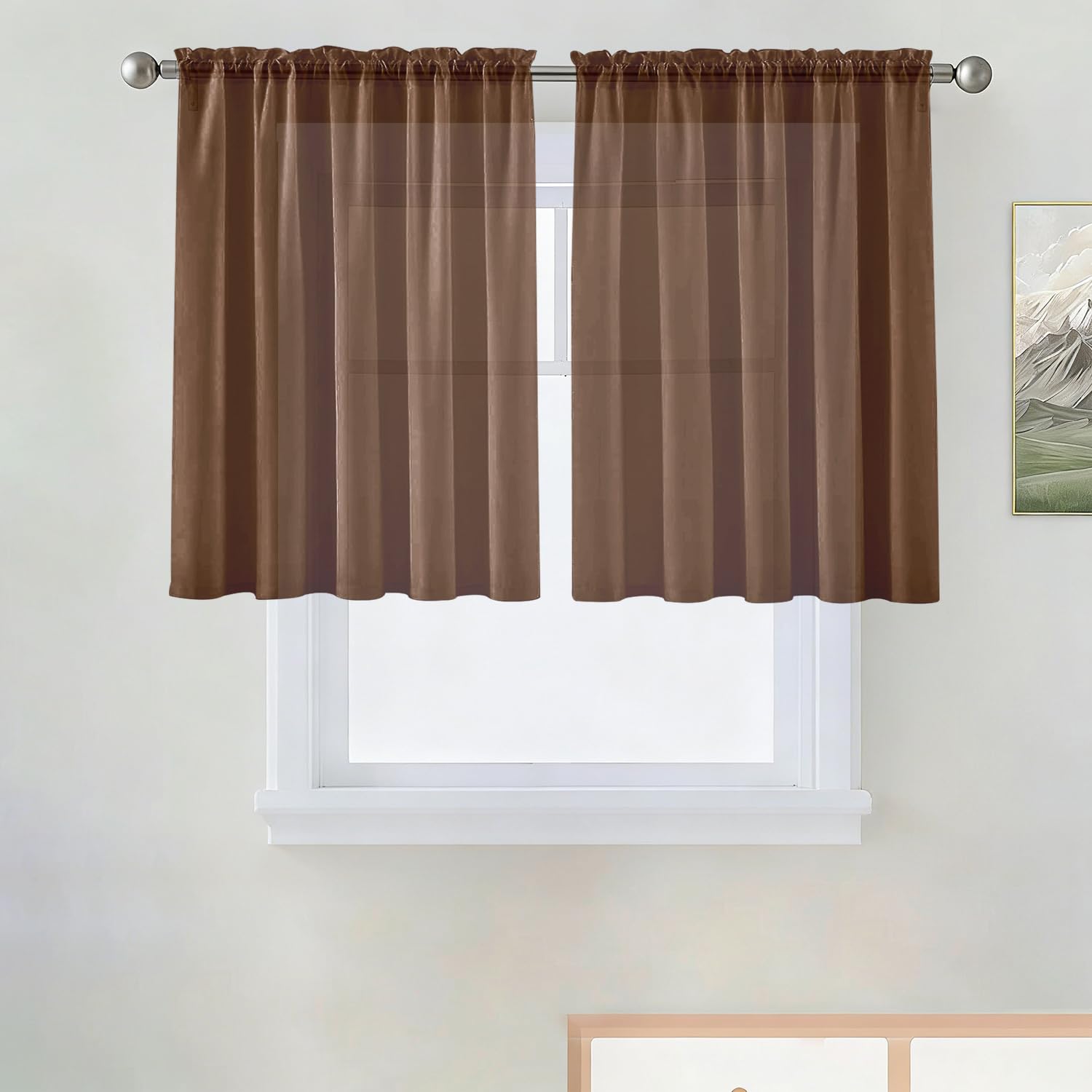 SpaceDresser Basic Rod Pocket Sheer Voile Window Curtain Panels Brown 1 Pair 2 Panels 52 Width 36 Inch Long for Kitchen Bedroom Children Living Room Yard（Brown, 52W x 36L）