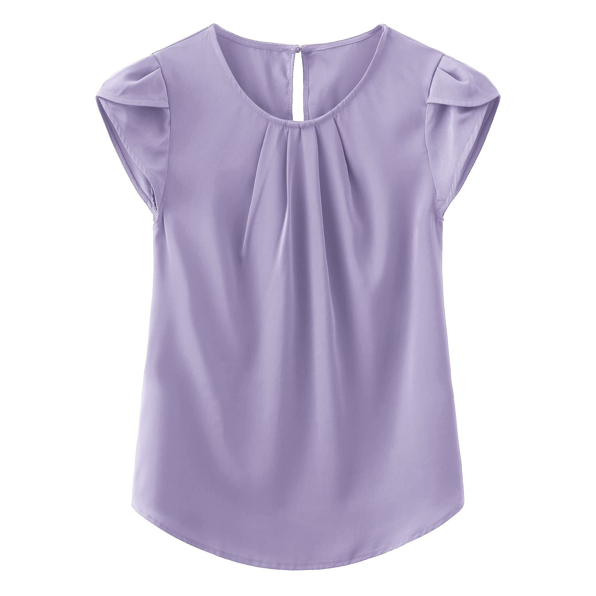 TASAMO Woman Shirts Basic Chiffon Round Neck Keyhole Back Pleated Casual Cap Sleeves Tee