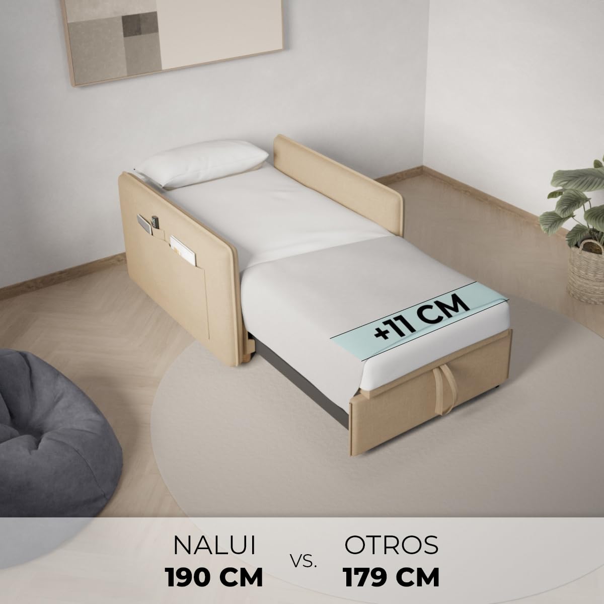 Nalui-Sofá Cama 1 Plaza 3 en 1 Nest 1 93x100x79cm con 3 Posiciones y 2 Almohadas (55x20cm). Sofá Cama Individual, Soporta hasta 200Kg. Sillón Cama Reclinable con Reposabrazos, Beige