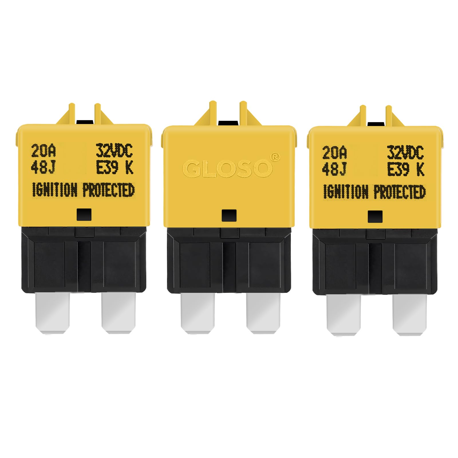 GLOSO flachsicherungen Autosicherungen Sicherungen für KFZ Auto Wohnmobil Boot Motorrad Manuelles Zurücksetzen 3 Stück 20A E39
