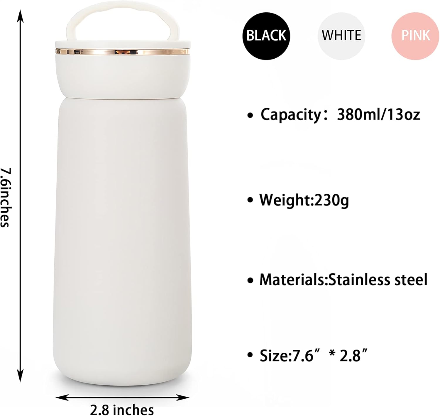 Insulated Water Bottle Stainless Steel Vacuum Flask Travel Mug Coffee Cup 13OZ , White: Home & Kitchen