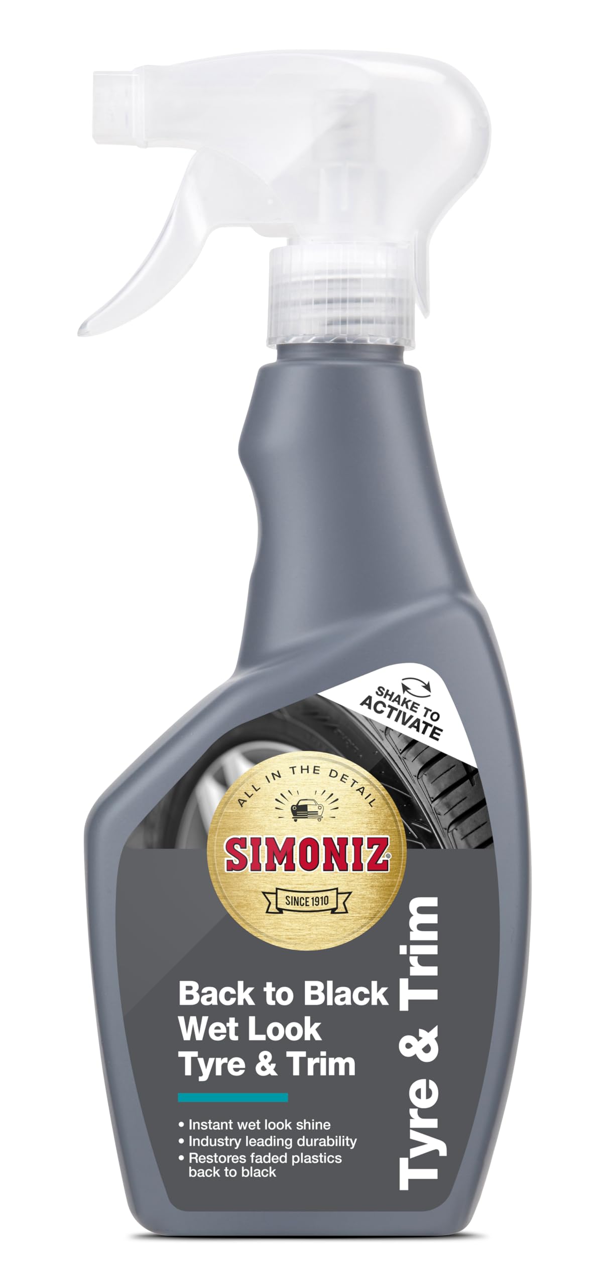 Simoniz Back to Black Tyre Shine 500 ml – Wet Look Tyre Dressing for Deep Black Gloss Finish – Non-Greasy Tyre Shine Spray That Restores Faded Tyres and Trim – Long Lasting Wet Look Shine
