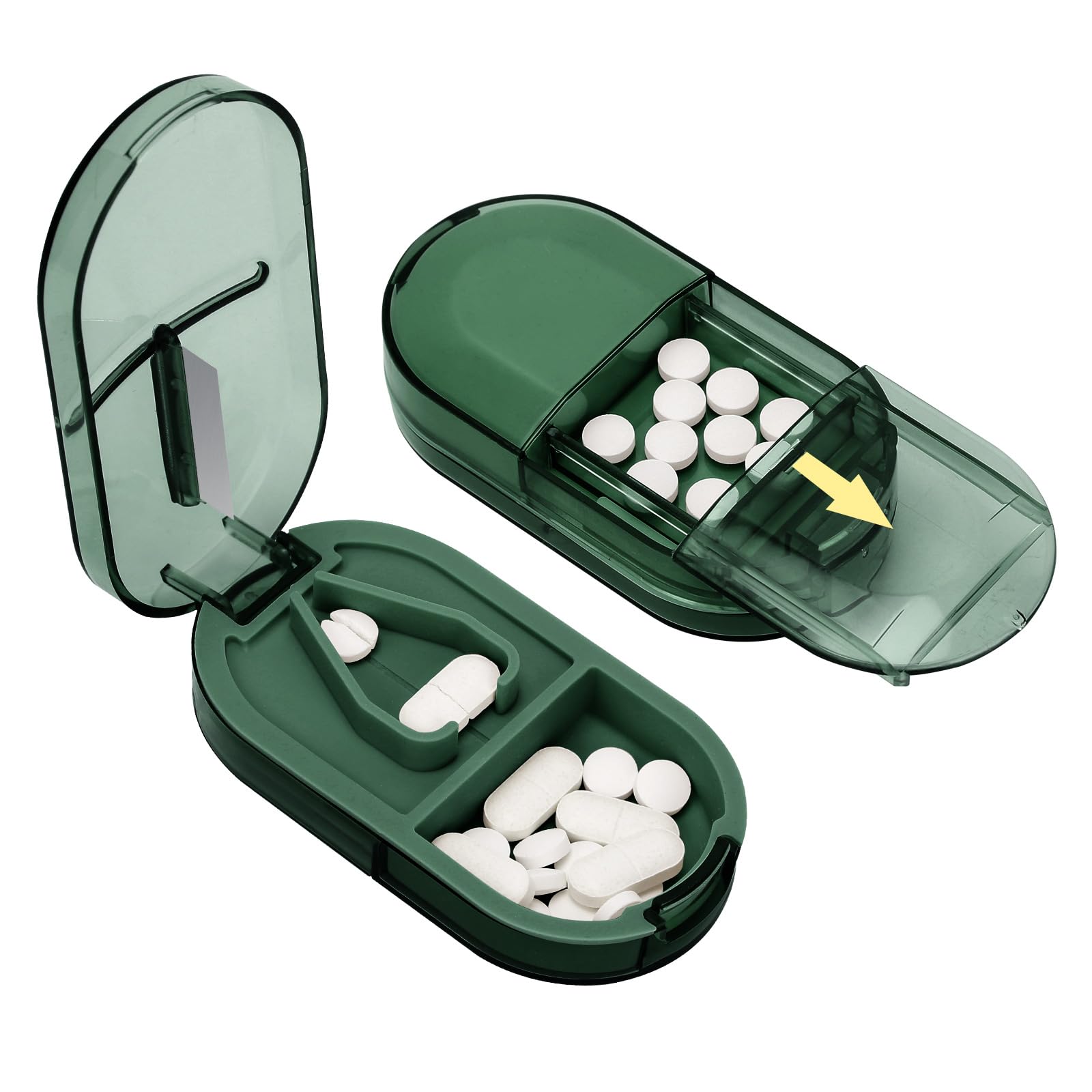 Pill Cutter, Portable Pill Splitter 2-in-1 Pill Case with Stainless Steel Blade, for Small or Large Vitamins Tablets, Cut Pills in 1/2, 1/4 with Mini Pill Organizer Compartment – Transparent Green