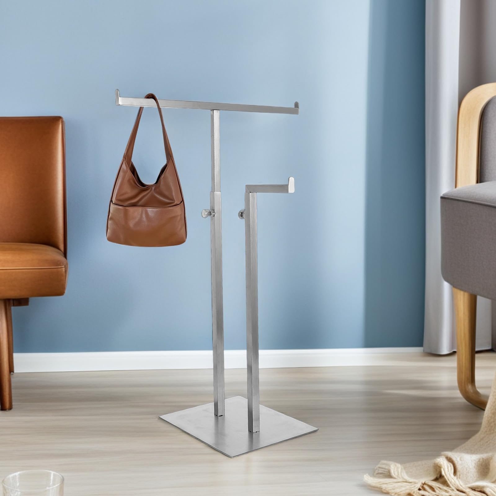 BETOOKY Edelstahl T förmiger Handtaschenständer mit 2 Ebenen Minimalistisches Taschendisplay für Schmuck und Geldbörsen Flexibel und Pflegeleicht für Bekleidungsgeschäfte
