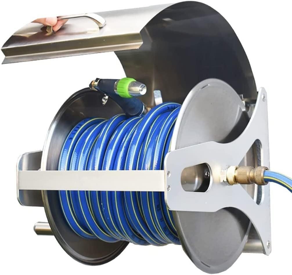 Portable Hose Pipe Reel，Stainless Steel Heavy Duty Retractable Garden Hose Reel Hideaway(with 25m Hose)