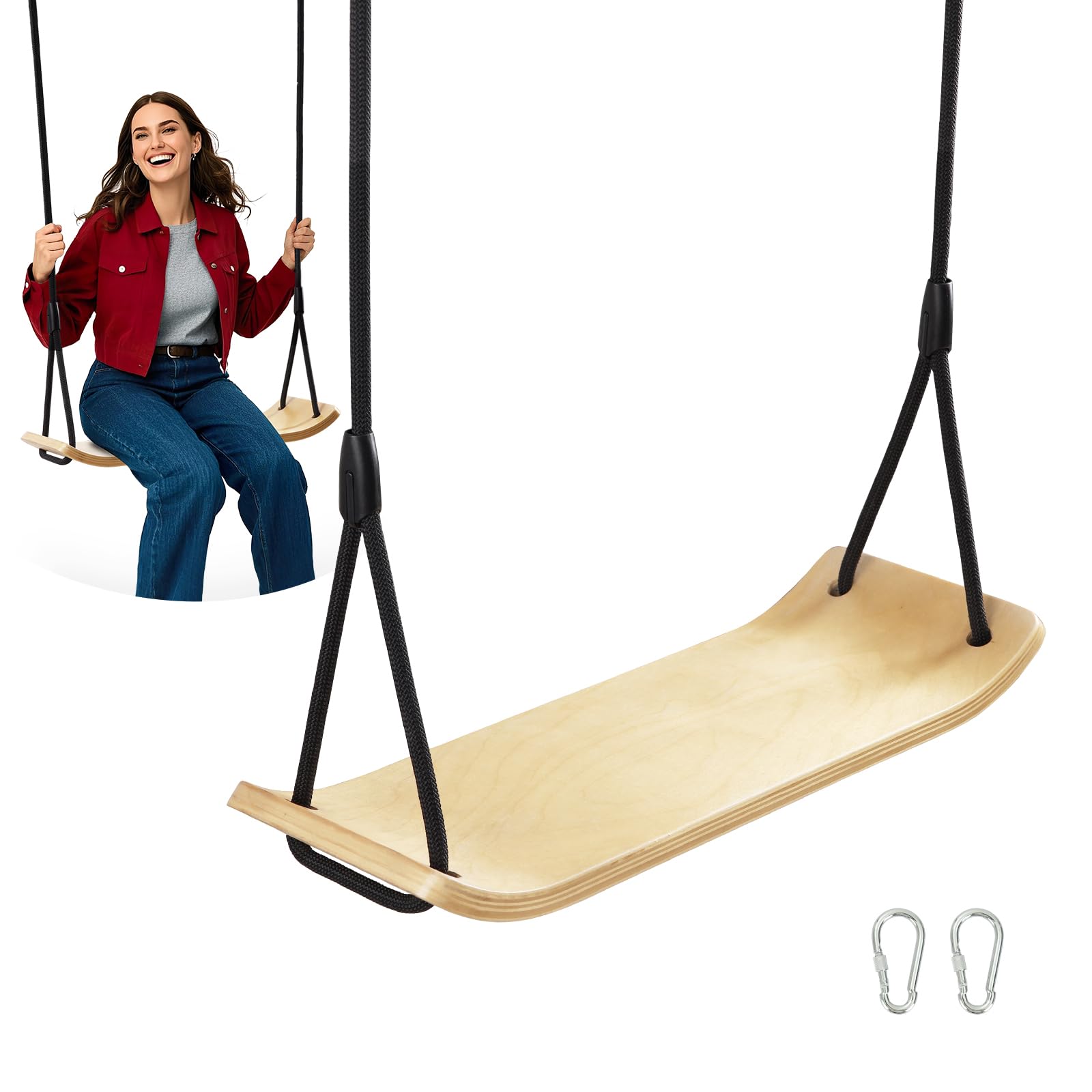 PELLOR Holzschaukel Outdoor für Kinder und Erwachsene, Schaukelsitz Holz mit höhenverstellbarem Seil, Garten Schaukel für Innen und Außenbereich, maximale Belastung 150 kg