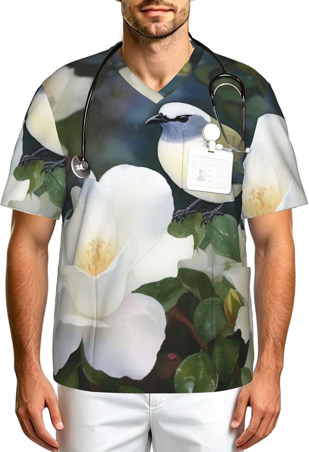 Professional Scrub Tops for Men, Classic V-Neck Workwear with 3 Pockets