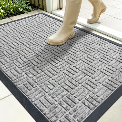 Image of OLANLY Front Door Mat Outside Entrance 35x23, Absorbent, Heavy Duty Sturdy Natural Rubber Doormat Indoor Outdoor, Non-Slip, Stain and Fade Resistant, Low Profile Floor Mat for Entryway, Light Gray
