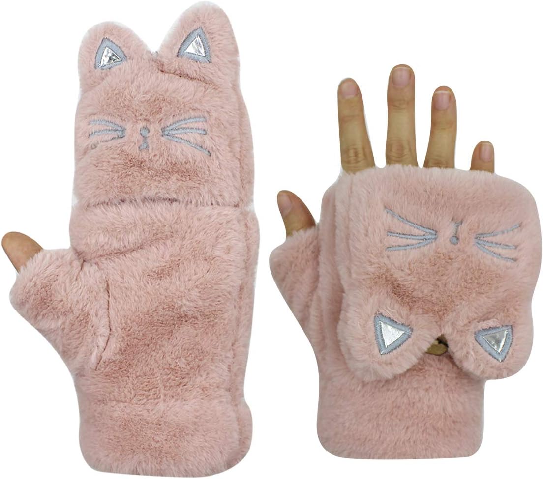 RARITYUS Women Girls Gloves Warm Soft Cute Cat Plush Convertible Flip Top Winter Fingerless Thick Mittens for Teen