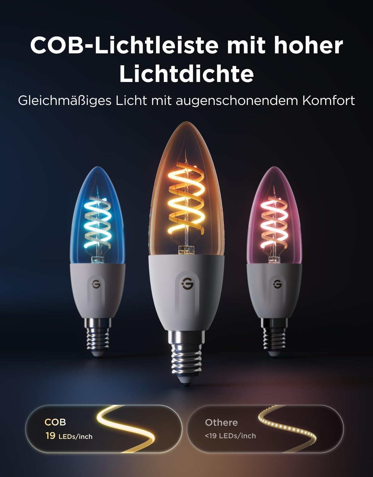 Govee Smart Edison Glühbirne E14, 300LM RGBWW Dimmbar Lampe B35, 2 Stück | Kompatibel mit Matter, Alexa, Google Assistant, COB dimmbar, 16 Millionen DIY-Farben, CRI 90, für Wohnzimmer und Kronleuchter
