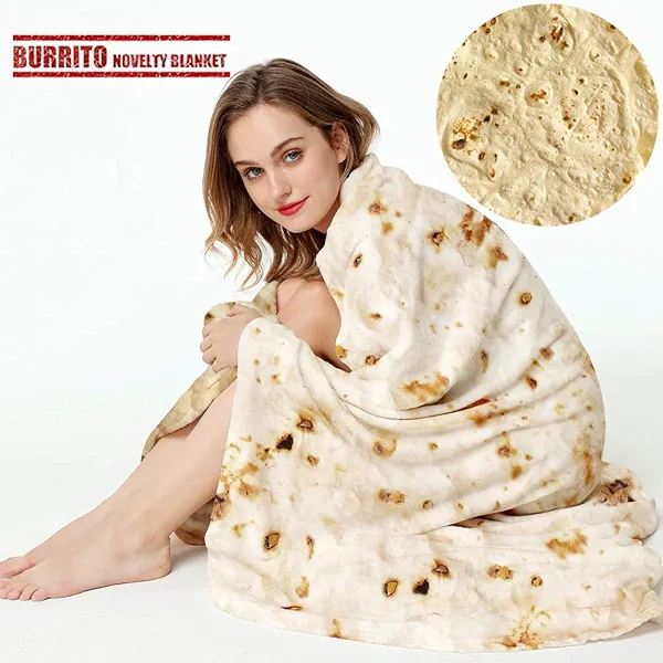 Burrito Tortilla Throw Blanket, 2.0 Double Sided Burritos Taco Tortilla Wrap Blankets,Giant Funny Realistic Flannel Food Round Blankets,Funny Gifts for Kids Newborn Toddler Dog Cat Baby Shower 47in