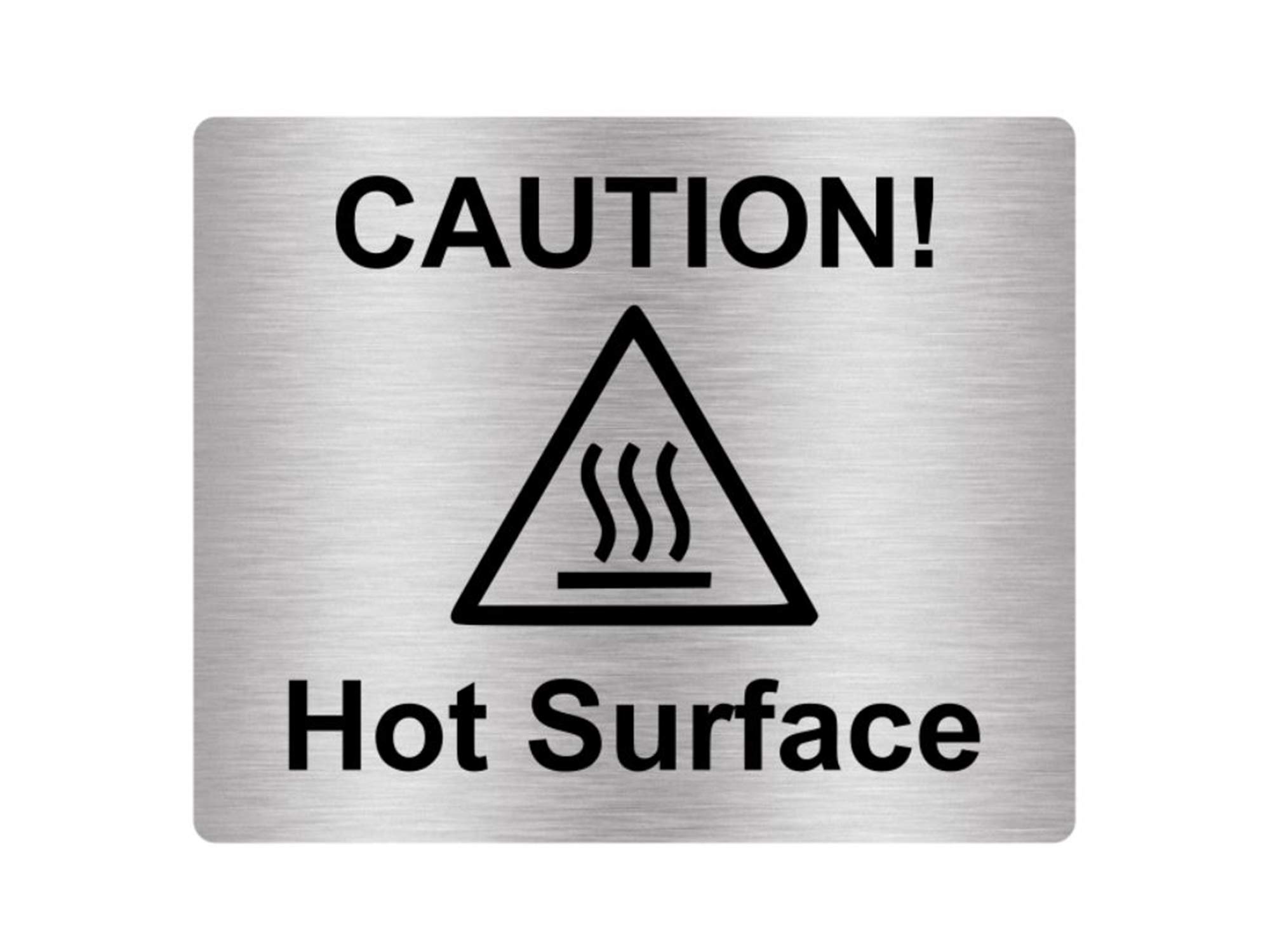 Caution Hot Surface Sign with Adhesive Sticker Notice, SILVER/GOLD/YELLOW/RED engraved with Universal Icon Symbol and Text (Size 12cm x 10cm) (Silver)