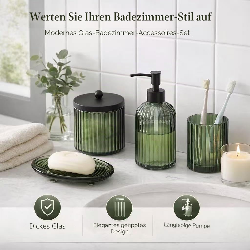 KMwares 4-teiliges schweres Badezimmer-Zubehör-Set aus Glas mit dekorativem gepresstem Muster inklusive Handseifenspender & Becher & Seifenschale & Zahnbürstenhalter (Olivgrün)