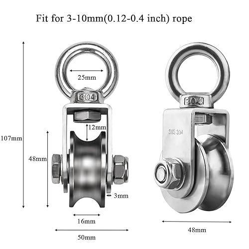 Miniatura 9 de Bloque de polea individual Rueda de tracción de rotación de 360 grados, gancho giratorio de acero inoxidable y mosquetón resistente para línea de