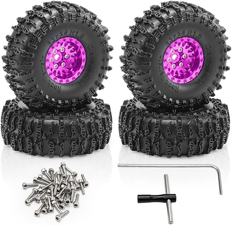 4PCS 1.0'' Aluminum Wheel Hub Wheel Rim Tires Wheels 63x24mm RC Upgraded Parts for SCX24 AX24 TRX4M 1/18 1/24 Crawler RC Climbing Car (Red)
