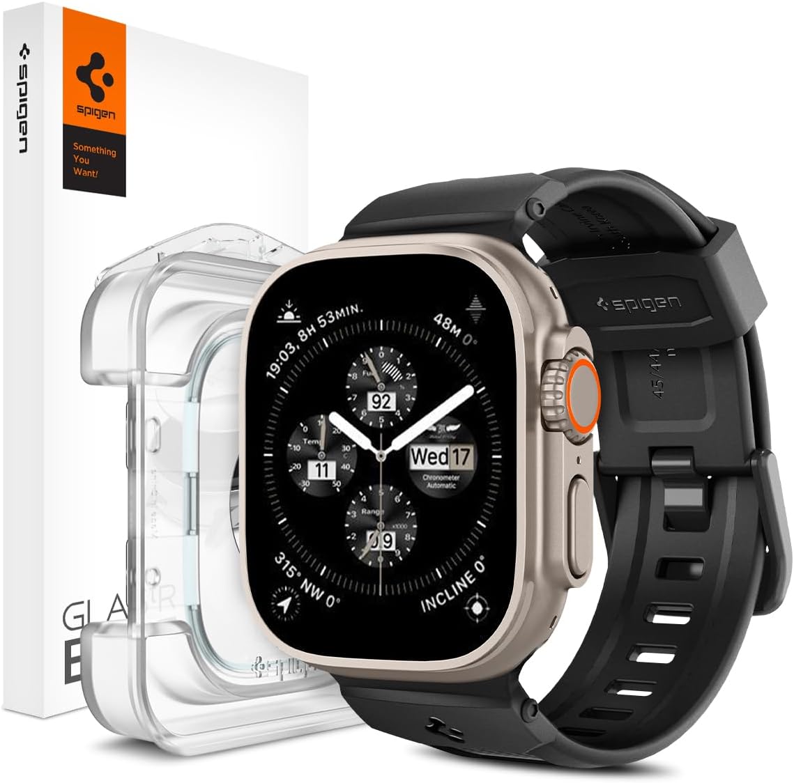 Spigen Tempered Glass Screen Protector [GlasTR EZ FIT] and Rugged Ultra Band Designed For Apple Watch Ultra 2/49mm