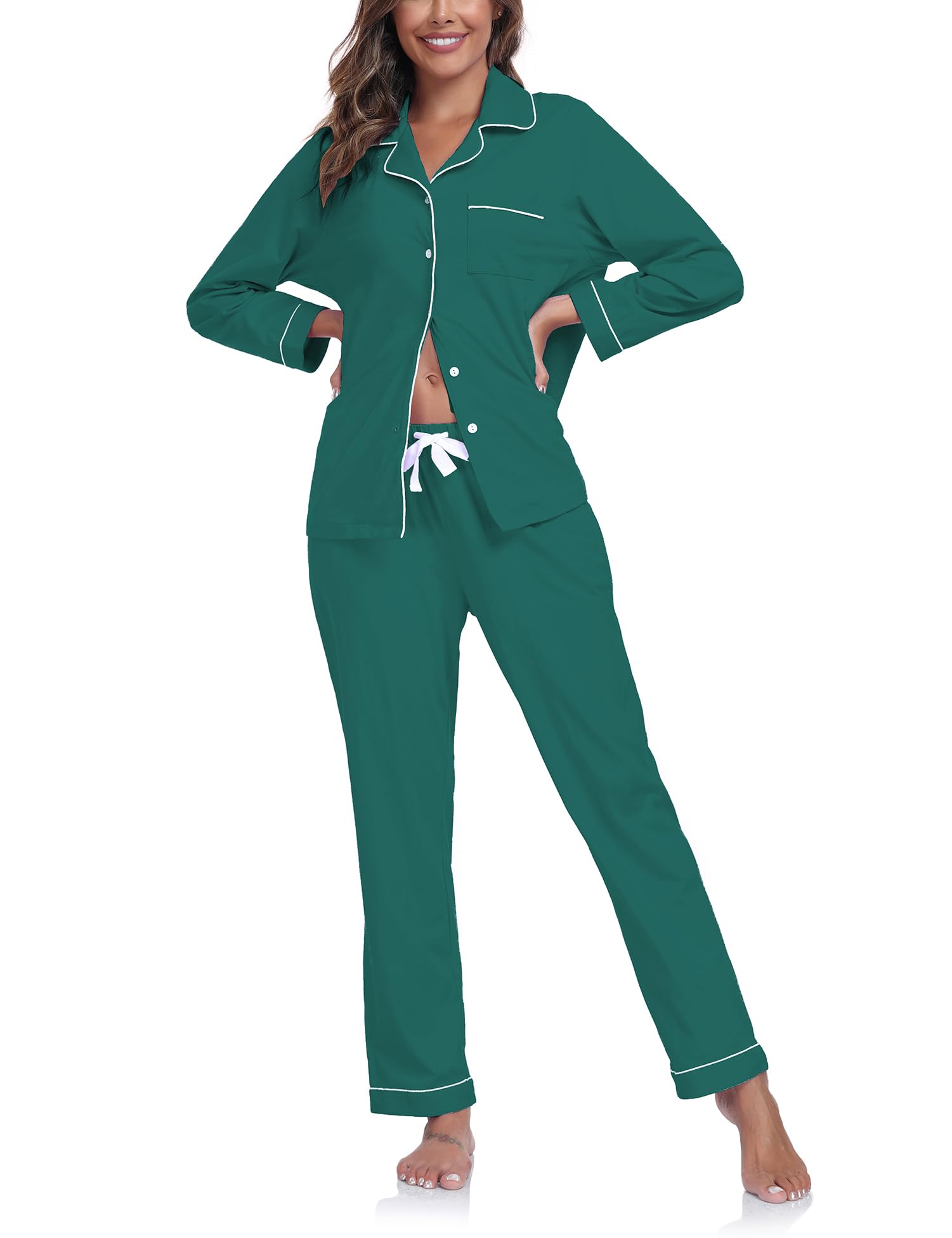 COLORFULLEAF Women's 100% Cotton Long Sleeve Pajama Sets Button Down Notched Collar Sleepwear Soft Lounge Pjs with Pockets