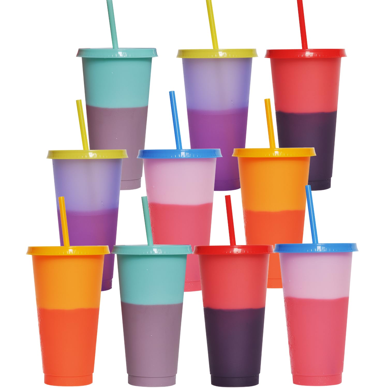 710ml Drink Cups with Lids and Straws, 10 Pack Reusable Colour Changing Plastic Party Cups, for Parties, Travel, Slushies, and Milkshakes, Iced Coffee(10, Colorful)