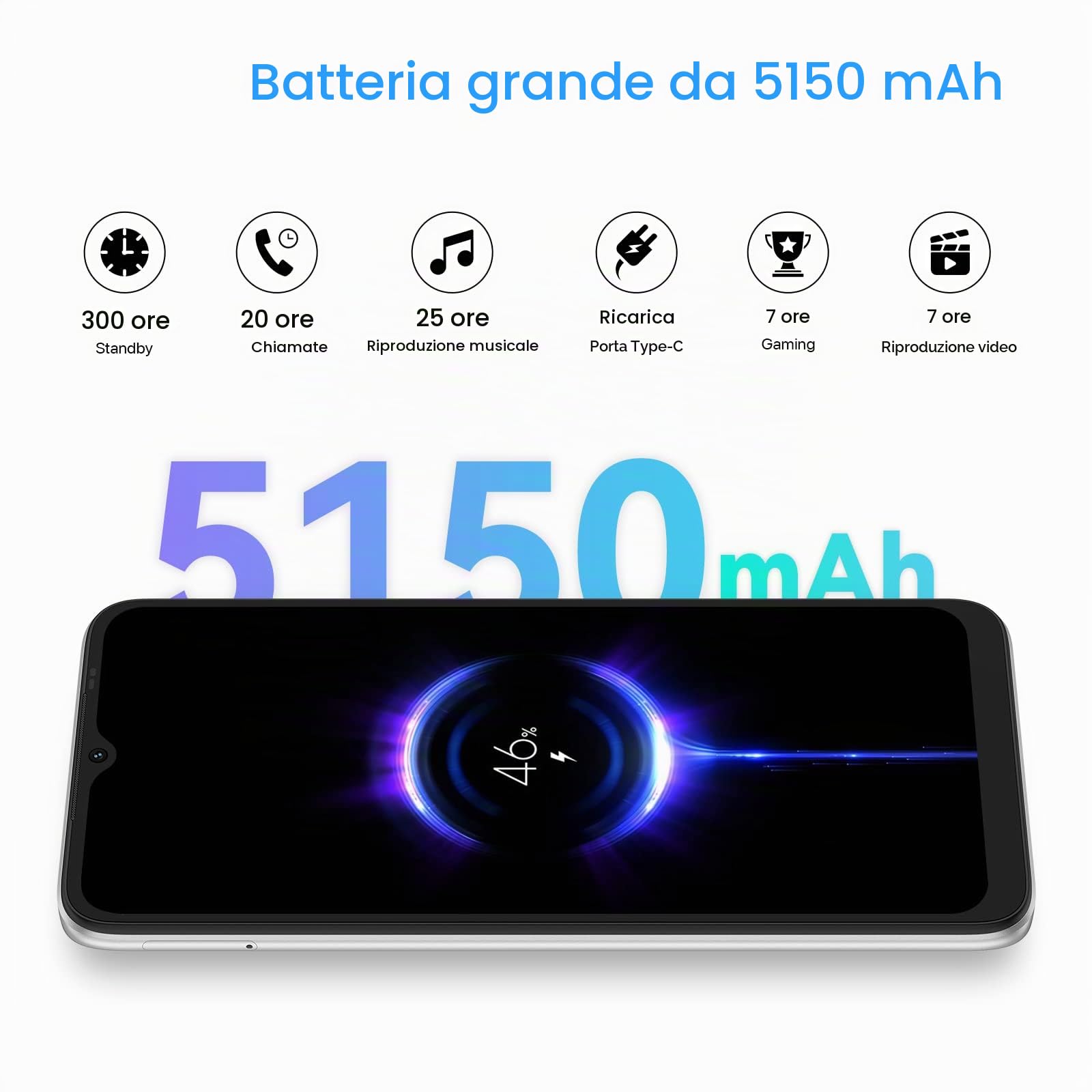 UMIDIGI Telefoni Cellulare, C1 Max Smartphone Android, Batteria 5150mAh, Display 6.52" HD+, Fotocamera 50MP, 6GB+128GB(256GB Espandibili) 4G Dual SIM, GPS/Face ID/Tipo-C