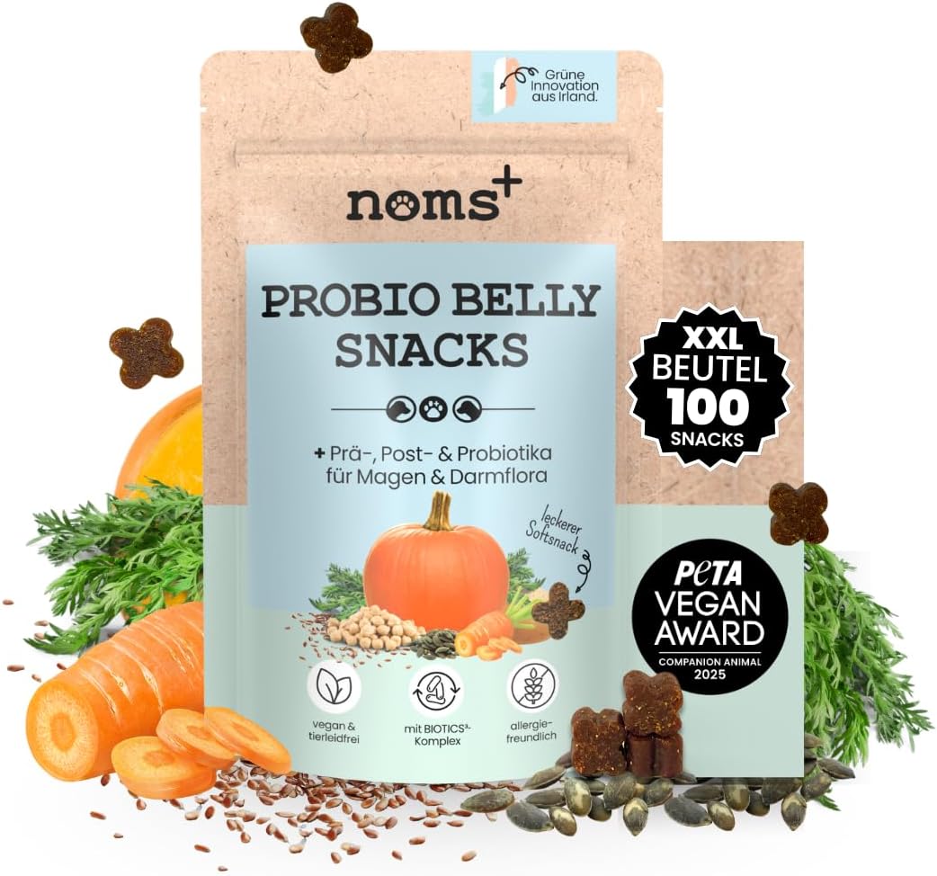 noms+ Probio Bauchsnacks für Hunde | gegen Erschöpfung, Grasfraß, Kot und Verstopfung | Darmaufbau mit Probiotika Biotics³ Complex | Für Allergiker und empfindliche Hunde geeignet | XXL