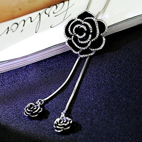 Vintage Black Enamel CZ Rose Flower Pendant Long Lariat Y Necklace for Women Crystal Fashion Statement Tassel Drop Elegant Sweater Adjustable Snake Chain Wedding Jewelry for Her 33'' - Image 2