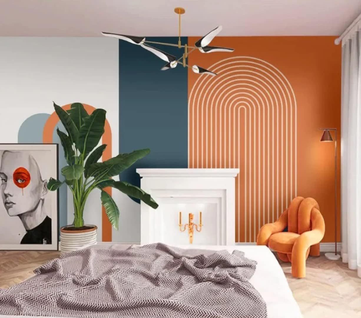 Orange Wallpaper and Dark Colored Random Geometric Shapes Luxury Wall Paper Wall Decor 100" H X 150" W