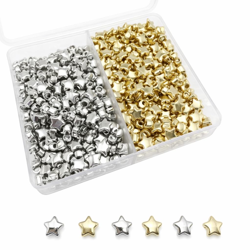 400Pcs Star Beads for Bracelet Making – 6mm Small Star Spacer Beads for DIY Jewellery – Loose Beads for Necklace Bracelet Earring Craft Kit – Gold and Silver Bracelet Charms