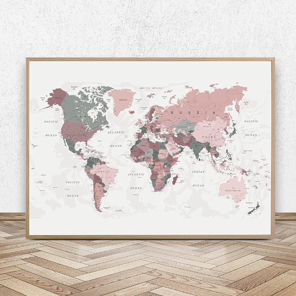 Five-Seller Mapa świata obraz na płótnie różowy i myśliwy zielona mapa plakaty i nadruki sztuka ścienna nowoczesny obraz do dekoracji salonu (1,90 x 140 cm (nieoprawiony)