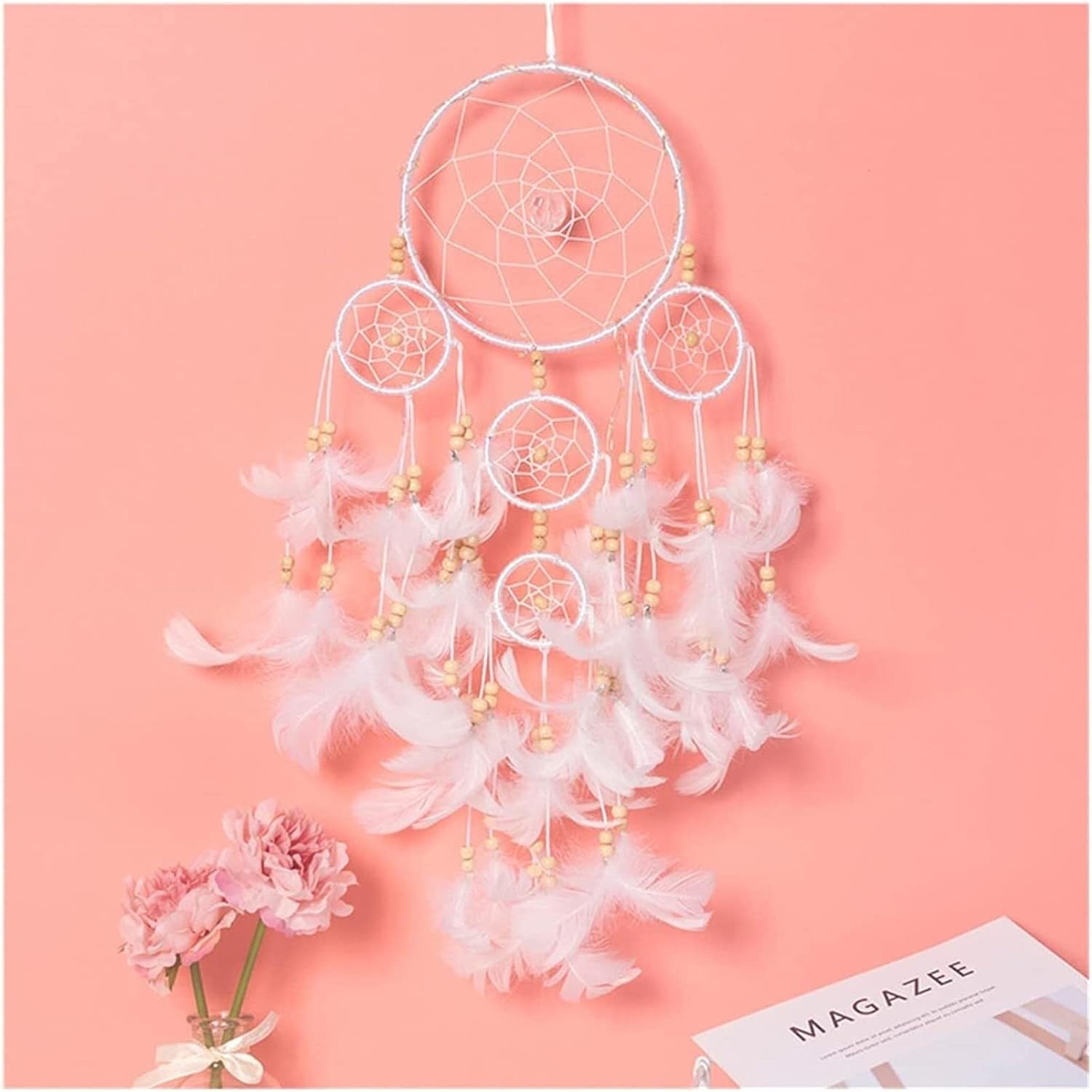 Ornaments White Five Rings Dream Catcher Home Decoration Wedding Decoration Feather Wind Chime Pendant Gift Room Decoration Accessories (Color : Without Light)