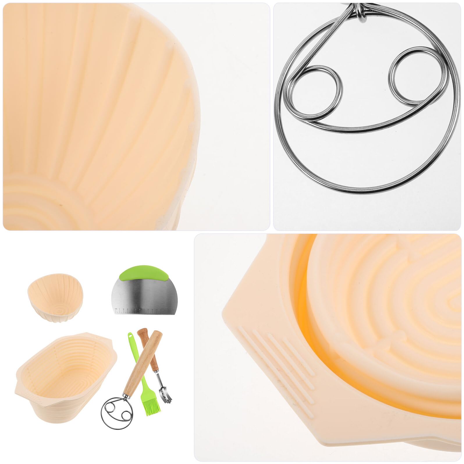 Juego de Cestas para Fermentar Pan Banneton de Silicona y Acero Inoxidable Kit de 6 Piezas Pincel y Cortador Antiadherente Plegable Tamaño Pequeño y Ovalado Adecuado para