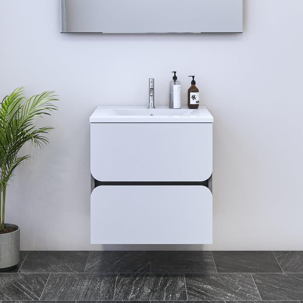 Meble Furniture Azurro 2S 60 Floating Bathroom Vanity — Single Sink with Vessel — High Gloss Front Matte Body, 23.6H x 23.6W x 18.1D inches — White
