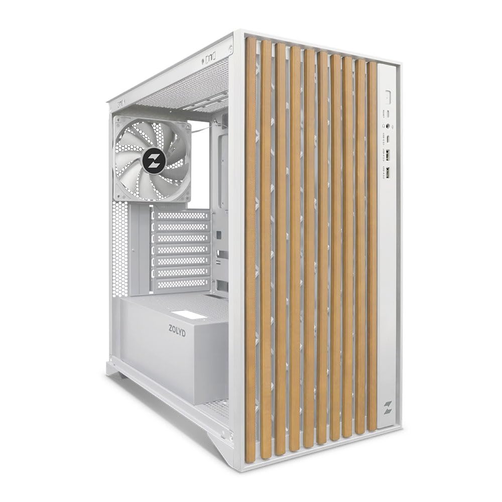 Zolyd Dynaria - Caja ATX con Panel Frontal de Madera, Cristal Templado, Ventilación Optimizada, 3 Ventiladores incluidos, Compatible con Refrigeración Líquida hasta 390mm, USB 3.0, Color Blanco