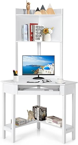 Miniatura 9 de COSTWAY Escritorio esquinero con gabinete, escritorio de esquina compacto para computadora, mesa de estudio y escritura con bandeja para teclado y
