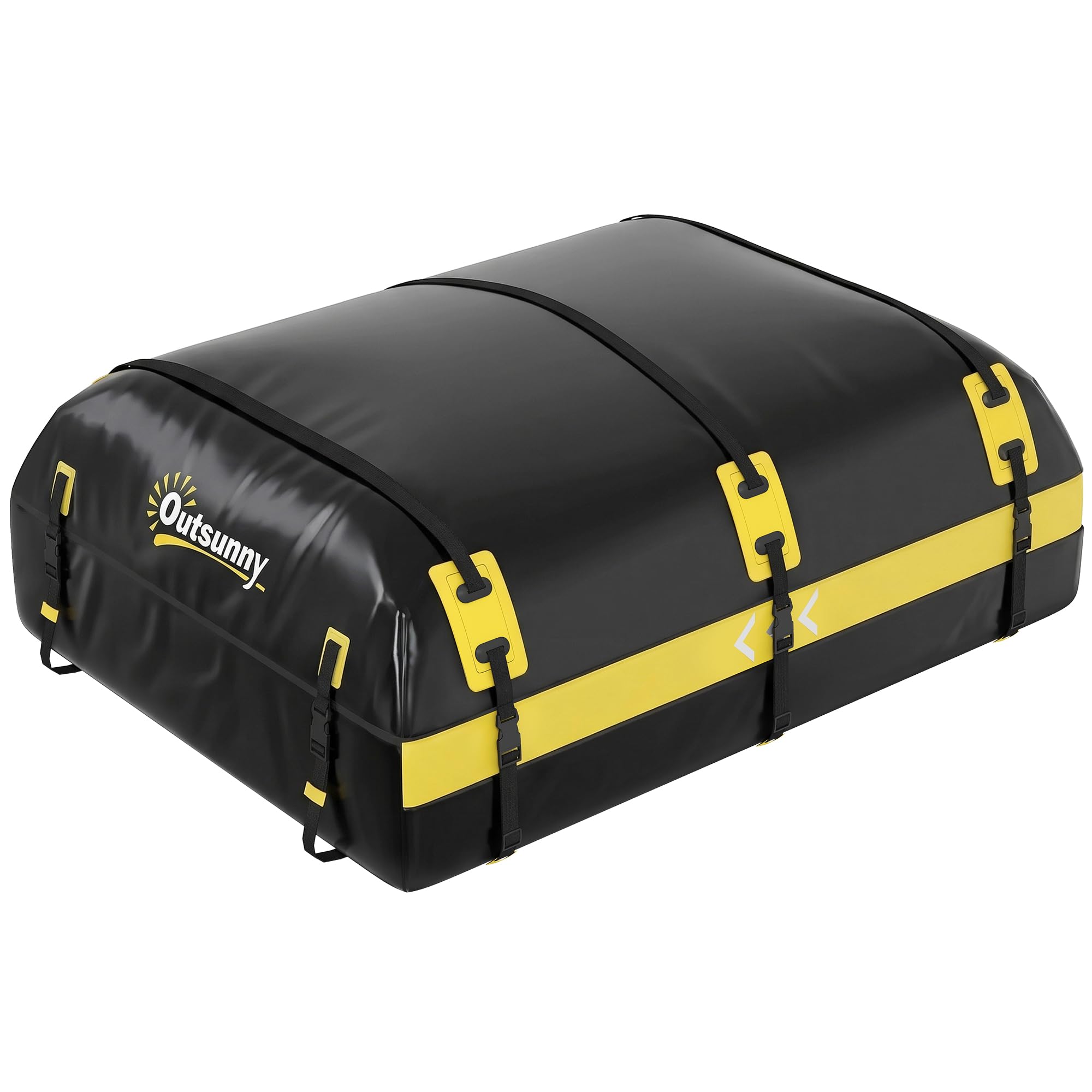 Outsunny Dachgepäcktasche mit Schloss, 21 cu ft, Gelb, mit/ohne Träger | Wasserfest, Reflektierende Pfeile, Weiche Dachbox, Dachgepäckträger, 7 verstärkte Gurte, Anti-Rutsch-Matte, Türhaken