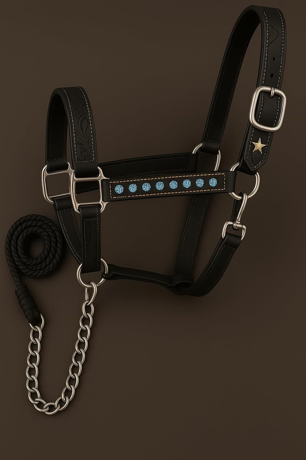 Handcrafted Leather Horse Halter – Tooled Design with Crystals, Cushioned Padding, Adjustable Fit, Chain Lead M4