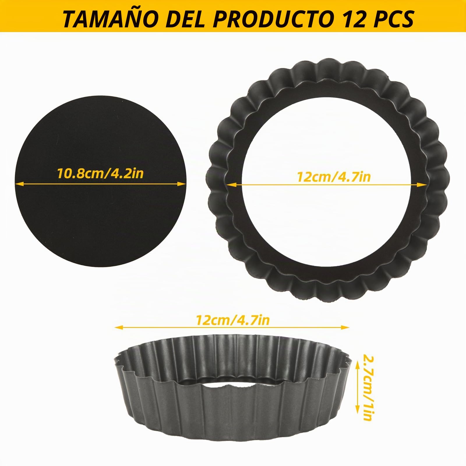 12 Unidades Molde Quiche Pequeño 12cm con Base Desmontable Moldes Tartaletas Individuales de Acero al Carbono Antiadherente molde tartaleta para Hornear Mini Tartas y Quiches
