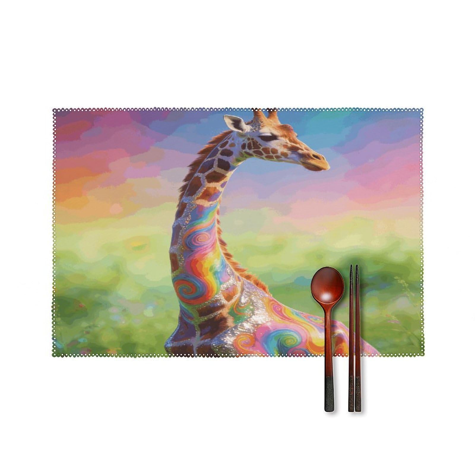 Khauerbc Style Colorful Artistic Giraffe Placemats Set Of 6,Decorating The Dining Table，Canvas Washable Table Mats，Wipe Clean Anti Slip Dining Table Place Mats For Party Kitchen Dining Decoration