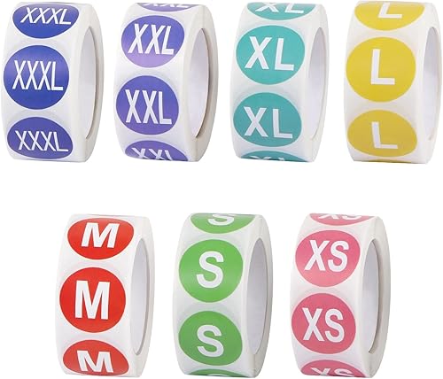 2800 etiquetas adhesivas de tamaño de ropa de 78 pulgadas para adhesivos codificados por colores, etiquetas redondas para tallas de camisetas, XS,