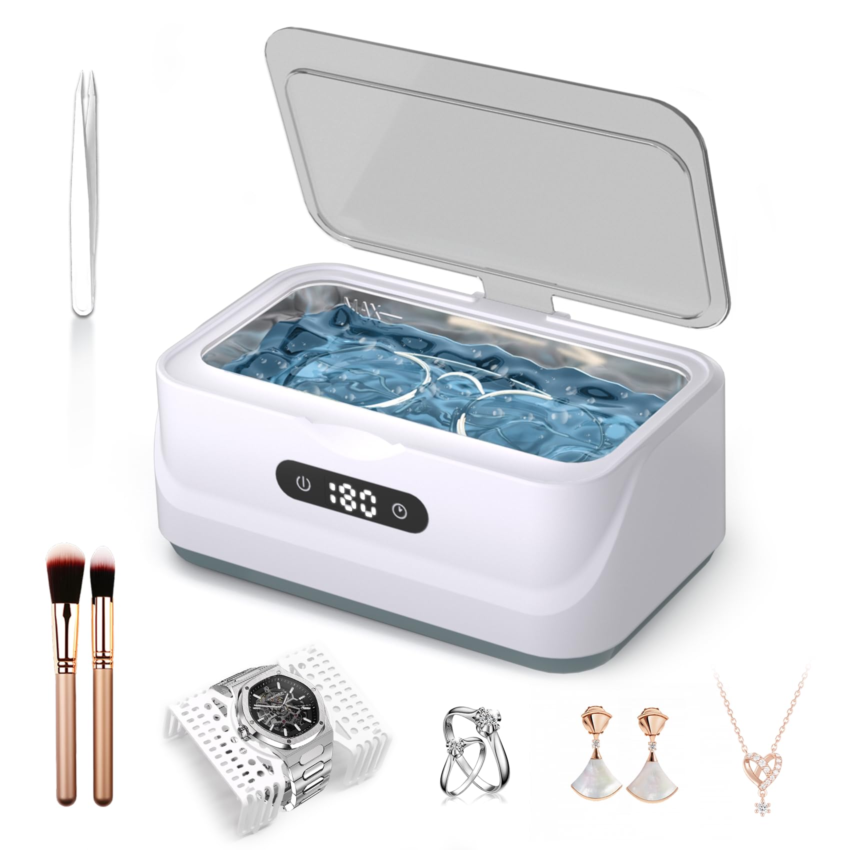 Limpiador ultrasónico de joyas: máquina ultrasónica de 48 Khz con temporizador digital, 4 modos de limpieza, limpiador sónico de 24 W para joyas, gafas, retenedor, correa de reloj, uso