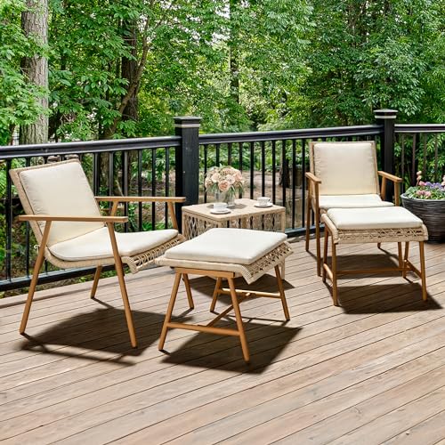 YITAHOME 3 Pieces Conversation Bistro Set with Ottoman, All-Weather Patio Bistro Set with Footrest, Small Patio Conversation Set for Balcony Outside, Outdoor Chairs with Ottomans and Coffee Table