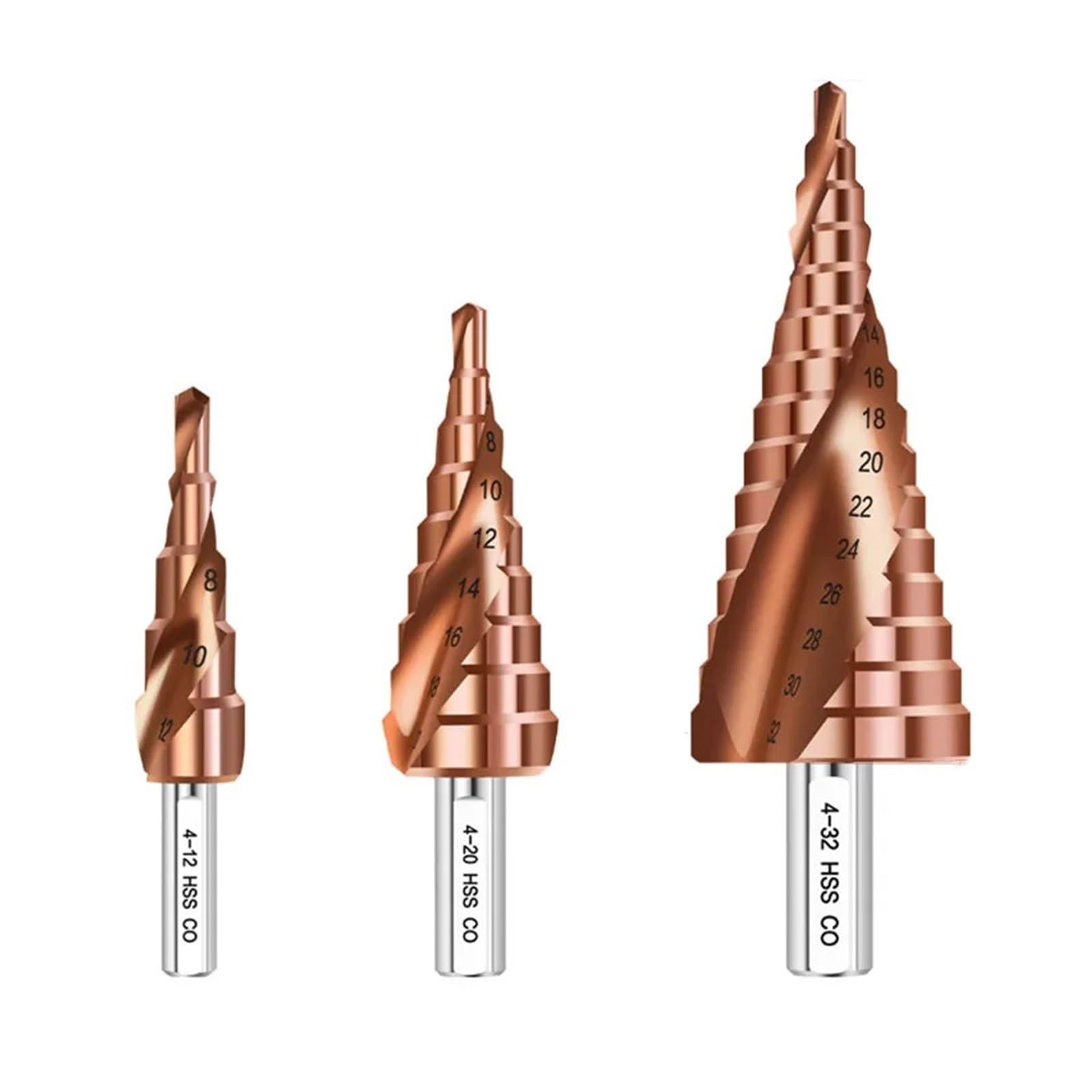 Broca escalonada de cobalto M35, brocas triangulares con ranura en espiral 4-12/4-20/4-32 mm for acero inoxidable 304(4-12-20-32mm 3pcs)